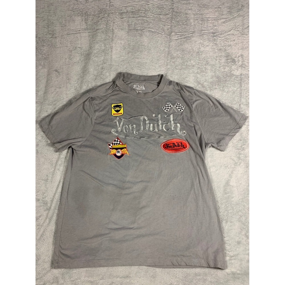 Von Dutch Multi-Patch Graphic Tee Mens L Gray T-Shirt